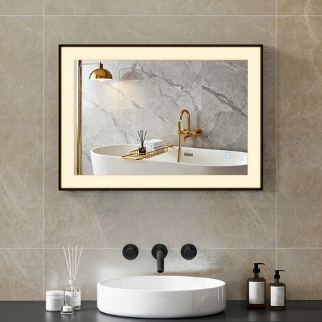 Specchio da bagno con luce LED 70x50 cm con illuminazione regolabile, funzione antiappannamento, funzione memoria, nero (1/5)