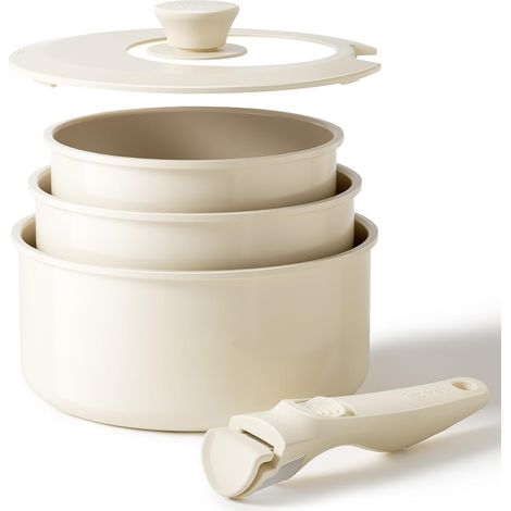Redchef Set de Casseroles en Céramique, Lot 3 Poignées Amovibles, Anti-adhésives 16/18/20 cm, Casserole Induction, Couvercle 3 EN 1, Passe au four, sans PFOA, Tous feux dont induction (Beige) (1/5)