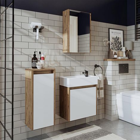 Mini Bathroom Furniture Set with Basin, Mirror Cabinet and Tall Storage Unit, Oak Effect and White (1/5)