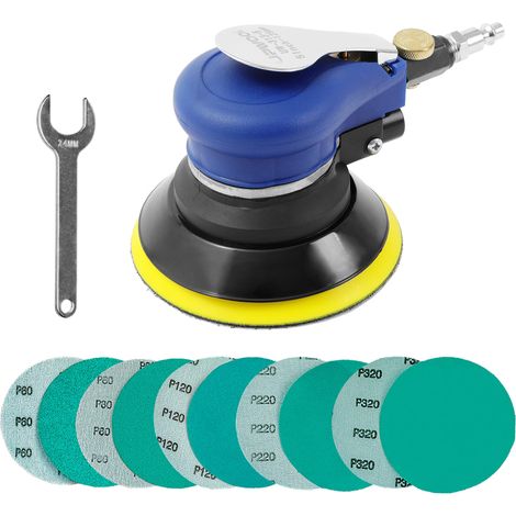 Ponceuse orbitale aléatoire pneumatique de 5 pouces, ponceuse de palme pneumatique de 125 mm avec 10 papiers de verre pour les travaux de carrosserie automobile, travail du bois (1/5)