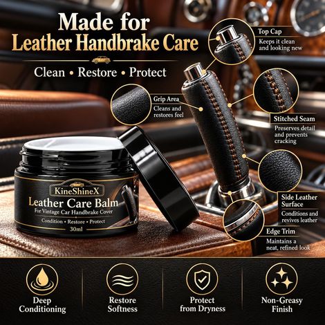 Die KineShineX Pflegecreme für Handbremshebelbezüge aus Leder von Oldtimern pflegt, repariert, beugt Rissen vor und revitalisiert das Leder. (1/4)
