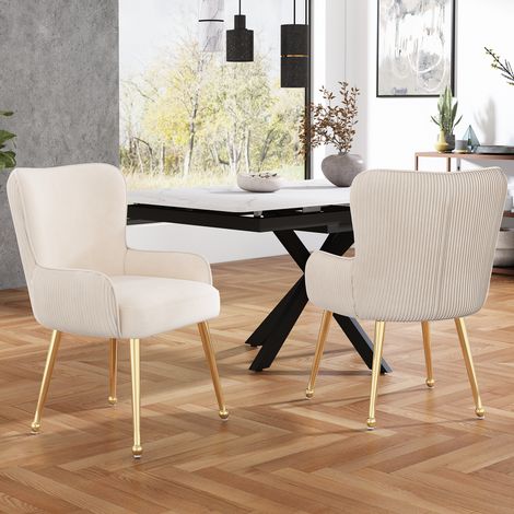 Chaises de salle à manger, avec quatre pieds en métal doré, accoudoirs et pieds réglables, en velours, beige, 2 pcs (1/4)