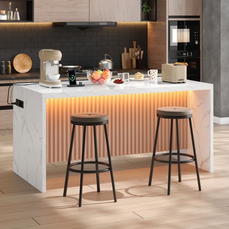 Isla de cocina 155x80x90 cm estilo industrial con LED, enchufes USB, encimera 40 mm, MDF y madera - blanco