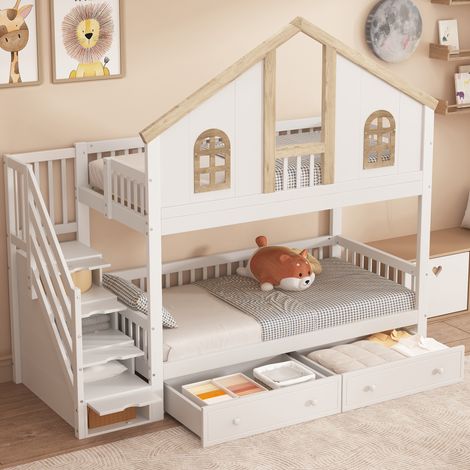 Letto a castello per bambini moderno 90x200 cm in legno massello e MDF bianco+naturale con finestra, scala contenitore e 2 cassetti (1/5)