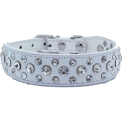Collier de chien en cuir avec strass (Blanc L)-Fei Yu