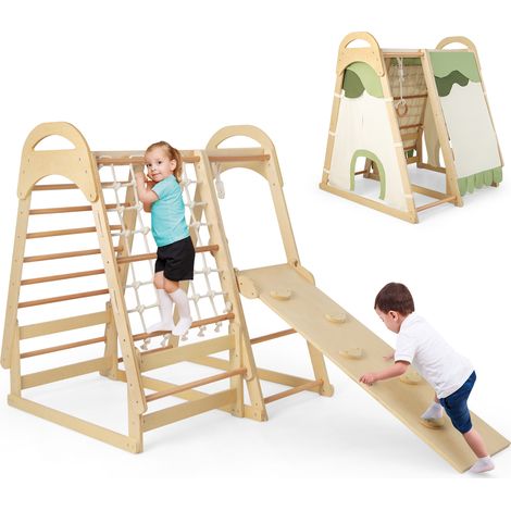 COSTWAY Multi-functional Kid¡¯s Climbing Toy with Slide & Climbing Net-Natural