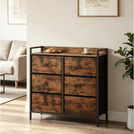 Cómoda de 80x29x78 cm negro y marrón rústico en madera инженерizada, metal y tela con 6 cajones y almacenamiento (1/5)
