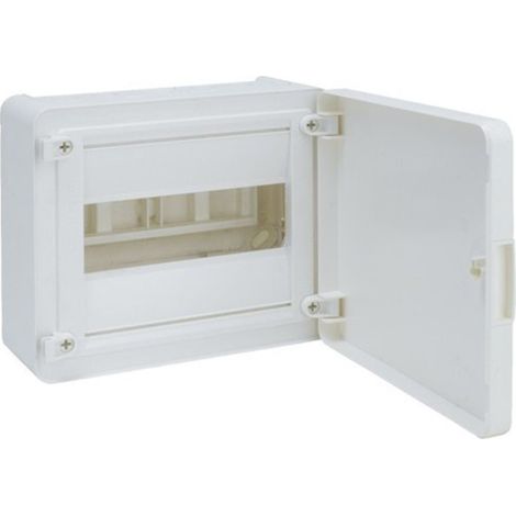 Hager – Tableau électrique de surface 1 rangée 8 modules – VS108PE – IP40 – Classe II – Blanc RAL 9010 – Ouverture 180°