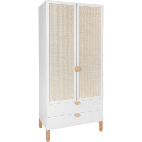 Schrank Laurie mit 2 Schubladen und 2 Türen, Weiß und Holzoptik, 198cm (1/5)
