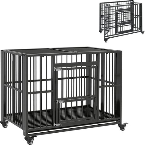 PawHut Heavy Duty Dog Crate Foldable Dog Cage on Wheels Removable Tray 43 Inch (1/5)