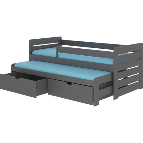 Lit gigogne gris graphite 2 couchages 90x200 avec 2 coffres de rangement Solale (1/5)