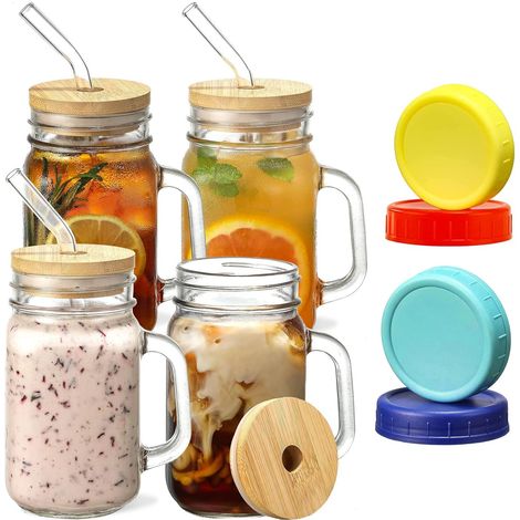 Verres à boire avec paille et couvercle,Verres à cocktail Smoothie Set,Verres à cocktail Verre à pied,Verres à conserves avec anse pour eau,café,cocktail,soda (1/5)