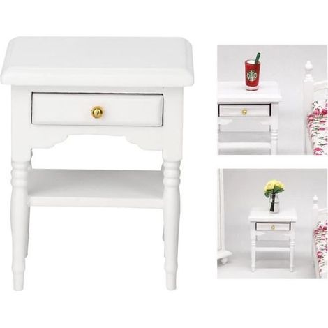 1:12 Mini articles de mobilier de chambre à coucher blanc Modèle de table de chevet en bois non toxique facile à ranger (1/4)