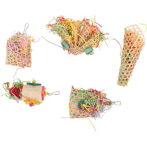 Lot de 5 jouets à déchiqueter pour oiseaux, jouets de recherche de nourriture suspendus et sécuritaires avec crochets métalliques pour cages de voyage et parcs à oiseaux (1/5)