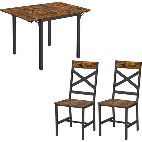 VASAGLE Ensemble de Table Extensible et 2 Chaises, Table de Salle à Manger Pliable, Rectangulaire, avec Abattants, Style Industriel, pour Petits Espaces, Salon, Marron Rustique et Noir (1/5)