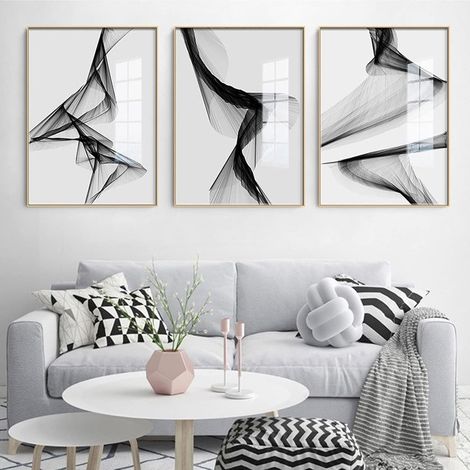 Lot de 3 Tableaux Muraux Abstraits, Noirs et Blancs, Gris, Modernes, Nordiques - Décoration Murale Sans Cadre, 60 x 80 cm (1/5)