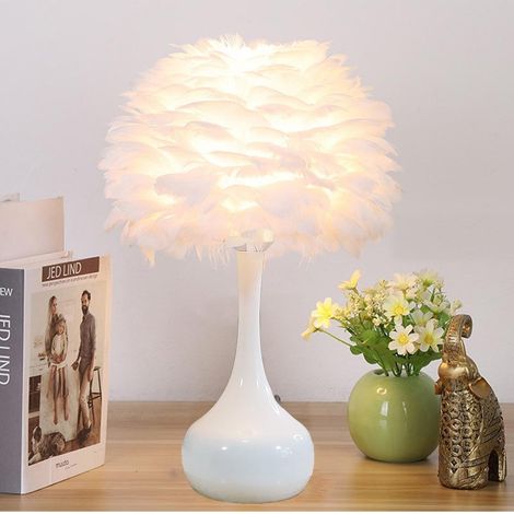 Veilleuse décorative de bureau en plumes d'oie, lampe de table romantique pour chevet - Blanche (1/5)