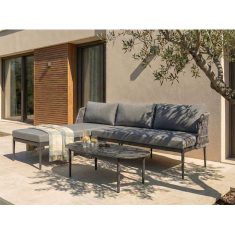 Conjunto de jardín elegante de 3 plazas con sofá esquinero derecho y mesa de centro muebles de exterior de tela estructura de aluminio gris Leffe (1/5)