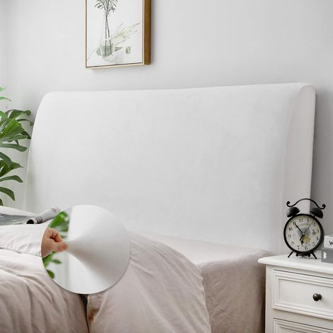 Housse de tête de lit pour lit double, housse de tête de lit extensible, housse de protection anti-poussière pour lit double, tissu touffeté en lin, tissu velouté doux et confortable (blanc) (1/5)