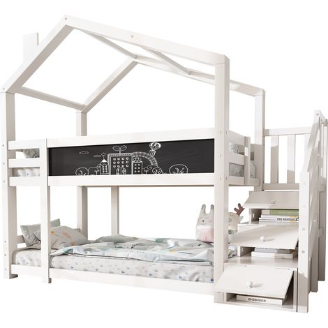 Lit maisonnette pour enfant 90x200 cm, lit superposé avec cheminée, rangement et barrière de sécurité, blanc, tableau inclus – 2 sommiers à lattes (sans matelas) (1/5)