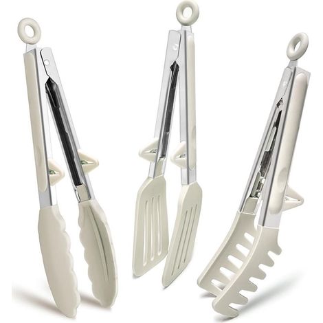 Küchenzange aus Edelstahl, 23 cm, 3er-Set, Grillzange mit Silikonspitzen, Grillplattenzange zum Grillen, Barbecue und Buffet, Weiß (1/4)