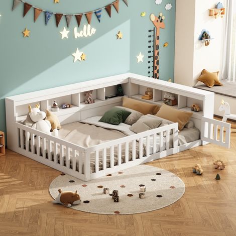 Canapé Lit de jour 140x190 cm avec rangement & prises USB, sommier à lattes, barrière sécurité blanc, lit double (sans matelas) (1/5)
