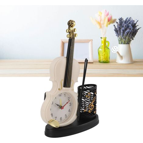 Reloj despertador con forma de violín: reloj con diseño de violín, compartimento para bolígrafo y función de afilador, despertador. Fabricado en ABS blanco (15 x 5 x 22,5 cm), 120 g. No requiere pilas (1/5)
