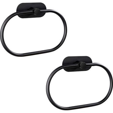 Set di 2 anelli portasciugamani autoadesivi per bagno, fissaggio a parete, acciaio inossidabile, accessori in metallo, senza foratura, portasciugamani rotondo moderno, nero (1/5)