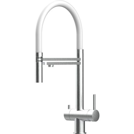 Rubinetto 3 vie miscelatore lavello cucina VIZIO in Acciaio INOX Spazzolato - Canna bianca movibile e doccia due getti staccabile - ACCIAIO CHIRURGICO AISI 316 (1/5)