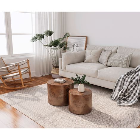 Set de 2 tables gigognes rondes en bois, table basse moderne pour petit espace, tables d'appoint tambour, finition noyer brun, idéales salon, chambre, balcon ou bureau. (1/5)