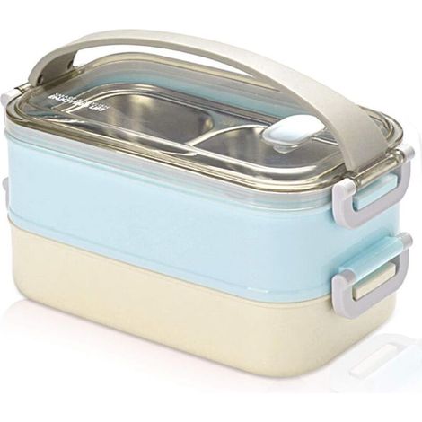 2-lagige Lunchbox aus Edelstahl, tragbar, Thermo-Bento-Boxen, isolierte Lunchbox, isolierte Lunchbox, Lebensmittelaufbewahrungsbehälter für Schule, Büro, 1,6 l, Blau