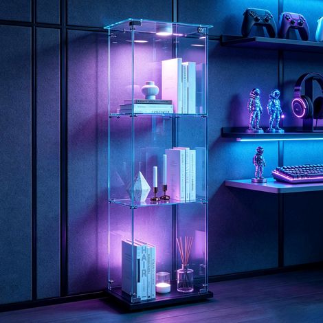 Vitrine à trois niveaux avec portes - meuble de rangement autoportant - noir - avec éclairage LED - design moderne - convient pour le salon ou la chambre - vitrine (1/5)