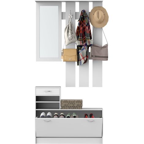 Homcom – Ensemble de meubles d'entrée 3 pièces – Panneau porte-manteau avec miroir – Meuble à chaussures multi-rangements – Dimensions 90L x 10l x 91H cm (1/7)