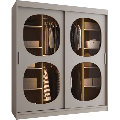 Armario Hartford 529, Cachemira, 200x180x62cm, Puertas de armario: Correderas, Número de estantes: 9, LED