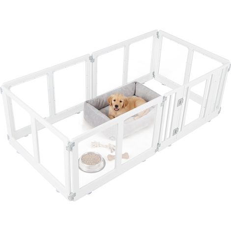 Parc pour Chien Transparent 6 Panneaux avec Porte Verrouillable Enclos Chien Modulable avec Cadre HDPE, Ventouses, Piquets, 176x89x57 cm