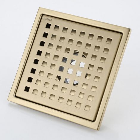 15x15cm Caniveau de Douche Or Acier Inoxydable Carré Drain de Douche Siphon de Sol Drain de Plancher avec Couvercle de Siphon de Sol, Noyau DéSodorisant en Laiton,Brushed Gold [Classe énergétique A] (1/5)