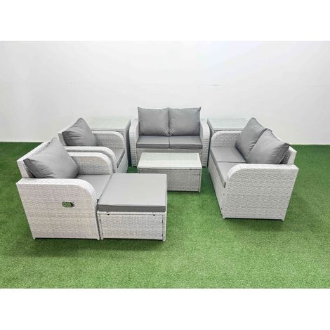 Fimous 7 Seater Outdoor Reclining Chair Love Sofa Set Rattan Garden Furniture Set with Rectangular Coffee Table Footstool 2 Side Tables Light Grey (1/4)
