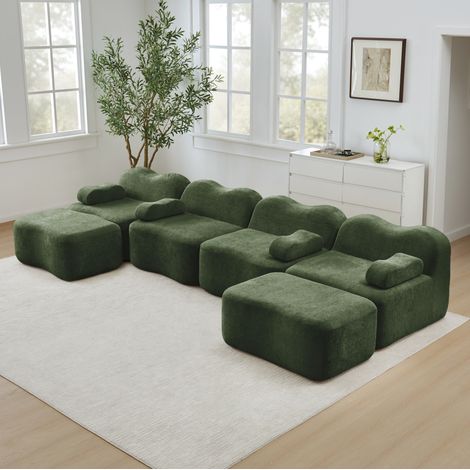 Canapé d’angle modulaire 4 places en velours vert, forme U, avec 2 ottomans (1/5)