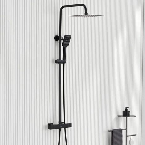 Colonna doccia termostatica, colonna doccia nera con miscelatore termostatico a parete, set doccia regolabile in altezza, soffione doccia quadrato 25x25 cm, doccetta a mano a 3 getti. (1/4)
