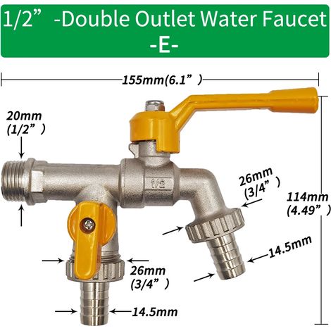 (1 pièce) Adaptateur pour robinet de tuyau d'arrosage 1/2'', connecteur pour réservoir d'eau IBC, irrigation 2 voies/1 voie, raccord de remplacement en laiton avec vanne à bille (1/5)