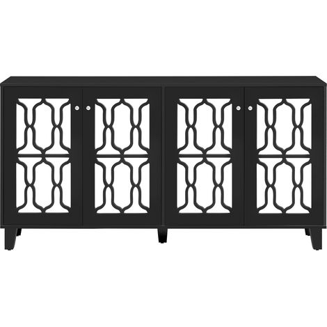 CAIziBuffet noir à effet miroir avec poignées en cristal, 4 portes, avec tablette intérieure mobile, pour salon et salle à manger, 160 x 40 x 84 cm