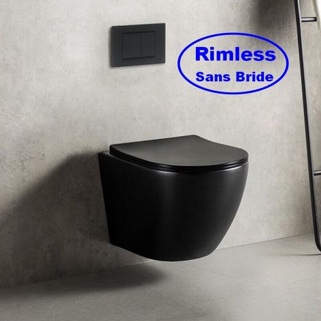 Rue Du Bain – Cuvette WC suspendu Rimless en céramique noir brillant 49x36cm – Abattant Duroplastic avec frein de chute – Sortie horizontale