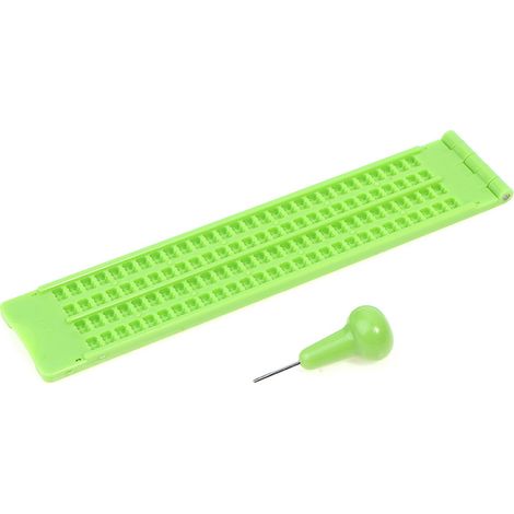 Braille writing tablet, 4 lines, 28 squares, light green, a table, a pen and two sheets of paper. (1/4)