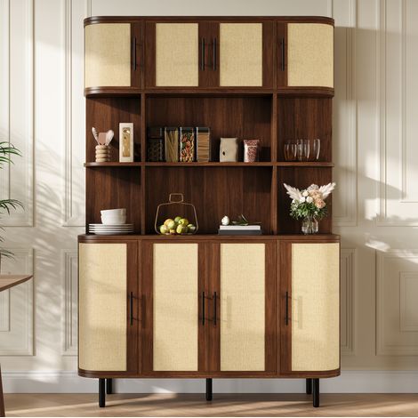 Aparador alto de MDF con 8 puertas, frentes efecto rejilla y patas de hierro, nogal OKMYHOME (1/5)