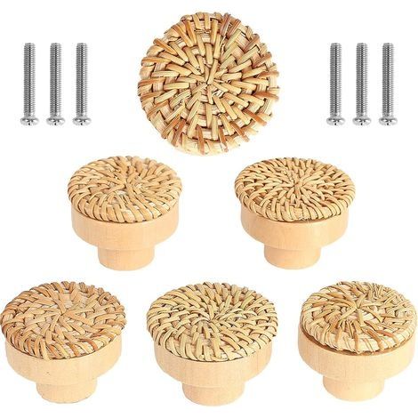 – Lot de 6 boutons de meuble en rotin – Poignée de tiroir en bois massif – 40 x 30 mm – Vis incluses pour installation facile (1/5)
