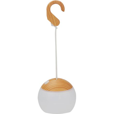 Lampe LED extérieure de camping avec motif boule, 3 niveaux de luminosité, rechargeable par USB, longue durée de vie, crochet inclus, couleur bois.