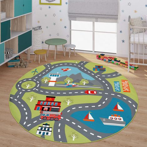 Kinderzimmerteppich Teppich Junge Mädchen Kinderteppich Baby Rutschfest Straße 160 cm x 160 cm Grün Rund (1/5)