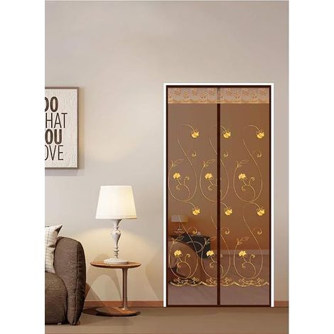 Moustiquaire Porte Magnetique,La Moustiquaire Aimantée À Mailles Fines,Rideau Anti-Mouches et Anti-Insectes,Avec Fermoir de Rangement,Se Fermant Automatiquement(Café Broderie 160x220cm) (1/4)