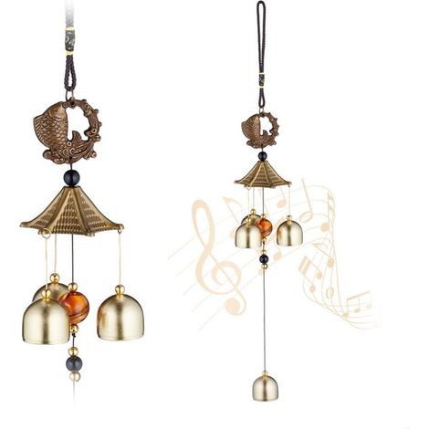 Carillon à vent, en lot de 2, déco Feng Shui, suspendre, pour intérieur et extérieur, doré et noir