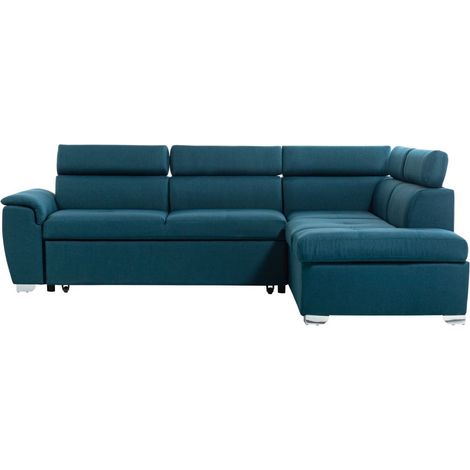 Loungitude – Canapé d'angle convertible 4 places avec coffre de rangement – Tissu bleu – Dimensions lit 197x120 cm – Têtières réglables (1/5)